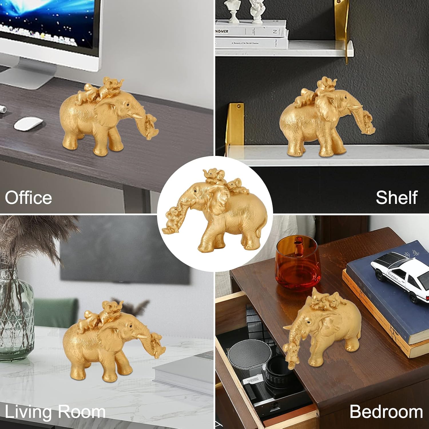 Good Luck Elephant Figurines Home Décor Elephant Carries Two Calves on Its Back Statue Décor for Shelf Good Gifts for Women Decoration for Living Room, Bedroom, Office