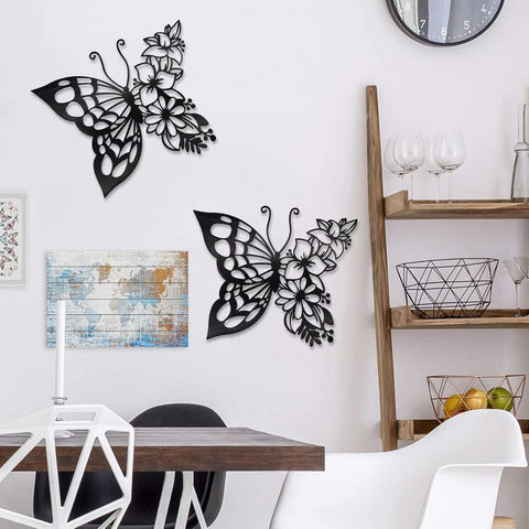 EZ4ENCE 2PCS Butterfly Decoration Wall Art Boho Wall Home Decor Hanging Appearance Wall Decor Metal Hanging Butterfly Decor Flower Wall Art for Bedroom Living Room Home Wall,Black(Large)