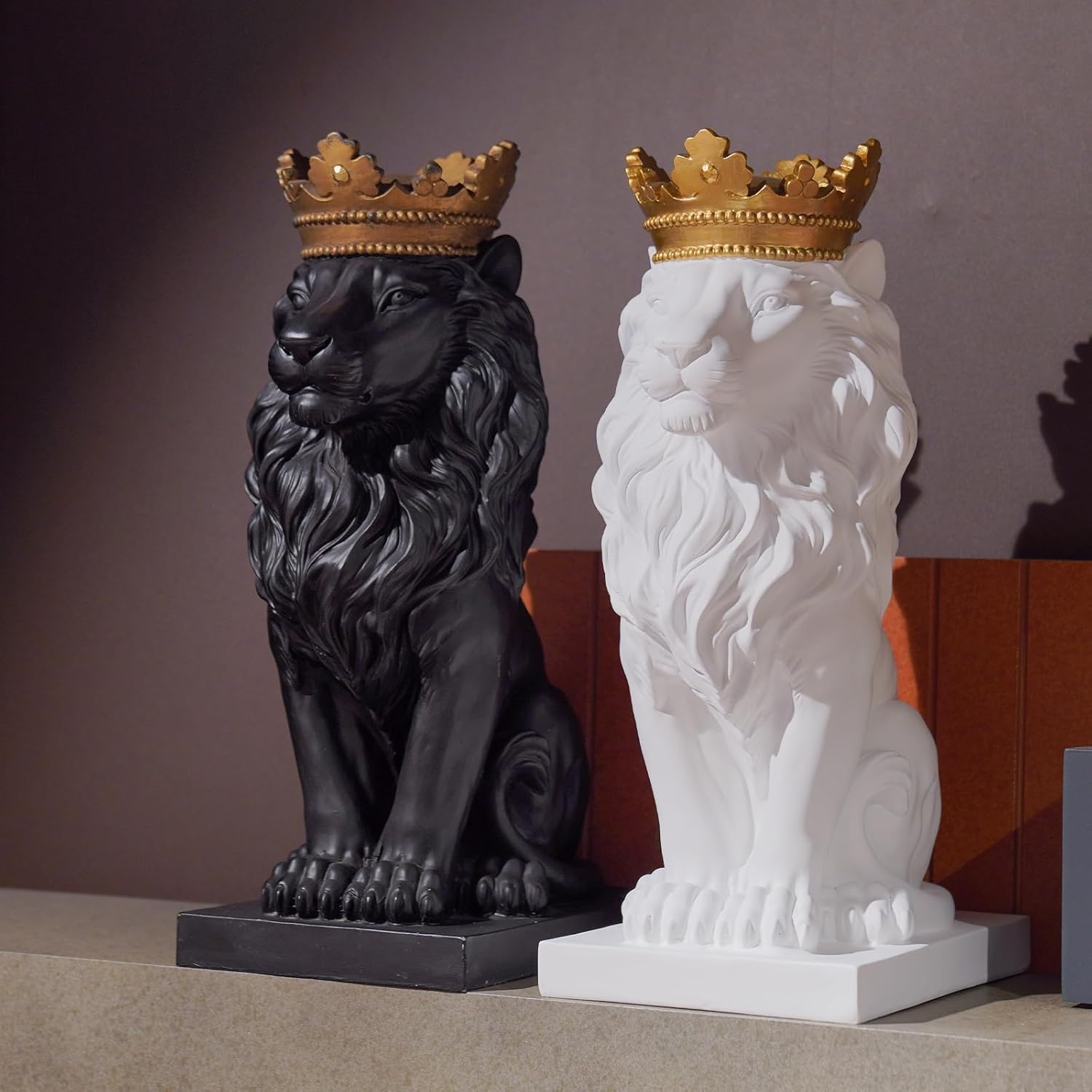 Lion Statue - Outdoor Collectible Figurine, 15 Inch Gold Crown Black Standing Lion Home Decor for Desk & Home Black Decor Gift