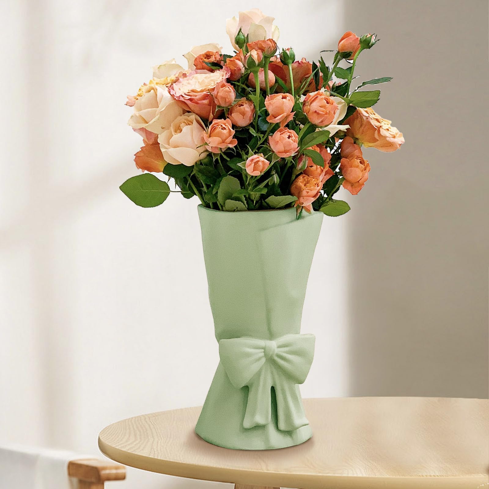 Beige Ceramic Bow Vase 9.64 in Unique Cute Modern Decorative Bouquet Flower Vases for Home Living Room Table Decor Women Girl Gifts