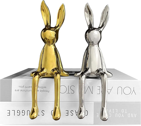 2-Piece Rabbit Decor Sculptures - Home, Office, Living Room, Bedroom - Accents, Decorations, Figurines - Small Statues for Bookshelf, Desk - Ideal Gifts (Gold, Silver)