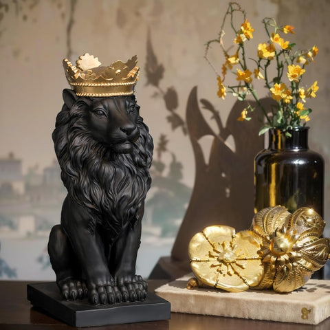 Lion Statue - Outdoor Collectible Figurine, 15 Inch Gold Crown Black Standing Lion Home Decor for Desk & Home Black Decor Gift