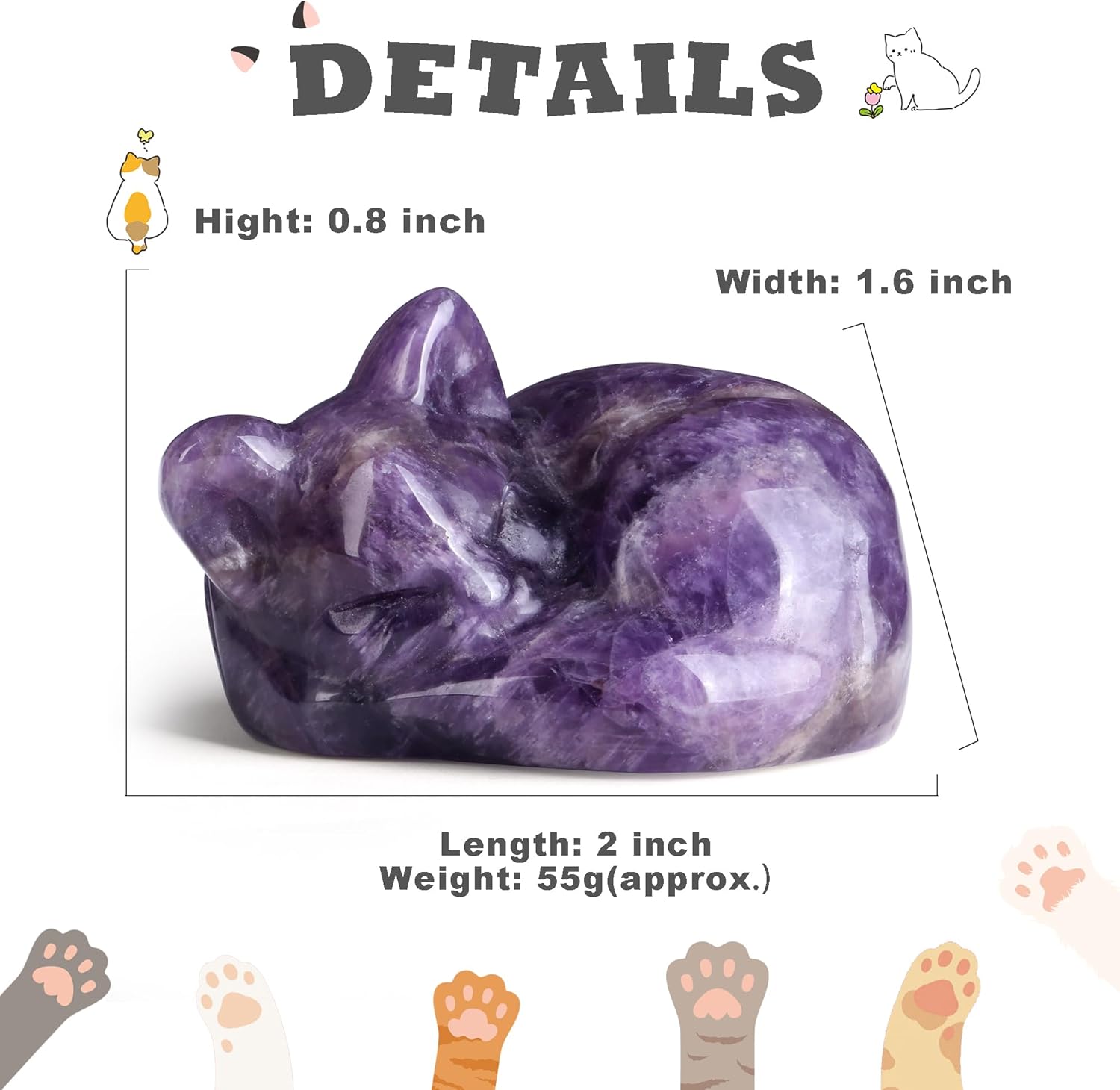 2" Cat Decors Statue Amethyst Crystal Sleeping Cat Decor Hand Carved Cute Cat Figurines Animal Statues Crystal Decor Purple Room Home Office Desk Decor Decorations Cat Gifts for Women