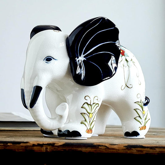 Porcelain Elephant Statue Ceramic White Table Sculpture, Desktop Art Figures Great Gift Animal Figurines Home Décor, Crafts Decorations for Living Room Party Foyer (White-ElephantNoseUP) 1500