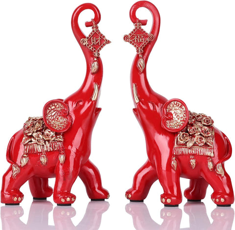 Red Elephant Statues Home Decor, A Pair Red Lucky Elephant Statue and Sculpture Decorativos Para Sala, Elephant Art Ornament - For Living Room Tv Stand, Entry Table Coffee Table Office Knick Knacks