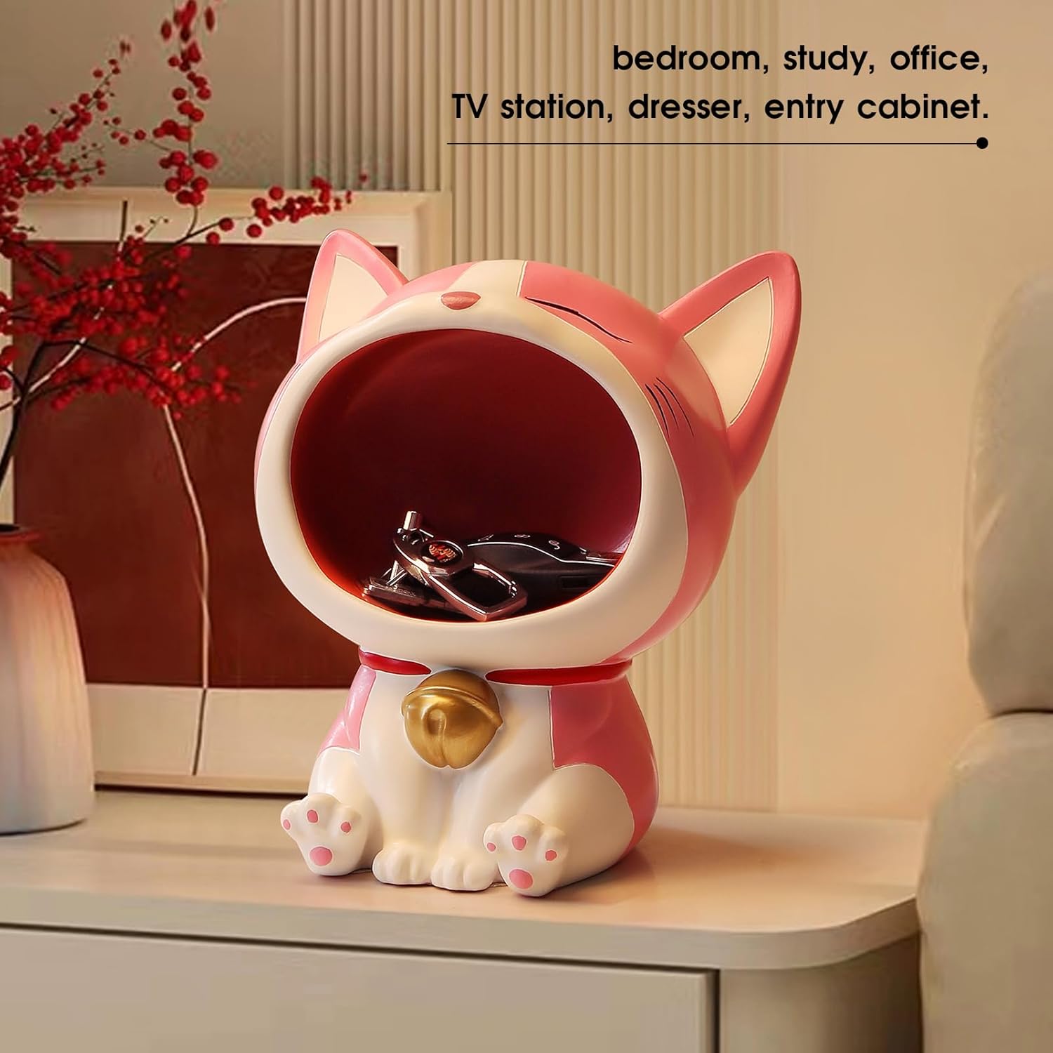 Cute Cat Statue Laughing Cat Figurines for Candy Dish, Key Bowl Holder, Desk of Work, Office Accessories Storage, Home Decor Art Sculpture Gag Gift for Cat Lover, Housewarming Gift (Yellow)