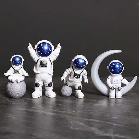 Blue White Astronaut Statues Set of 4, Spaceman Sculpture Figurines Outer Space Theme Decor for Nursery Room Cake Topper