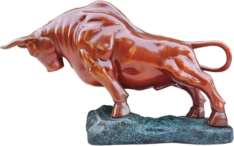 Bronze Bull Sculpture - Pure Copper Charging Bull/Cow/Ox Figure and Statue Handmand Collectable Art Decor - Raging Bull Figurine for Office& Home Decorations and Gift (L:8.3in Red)