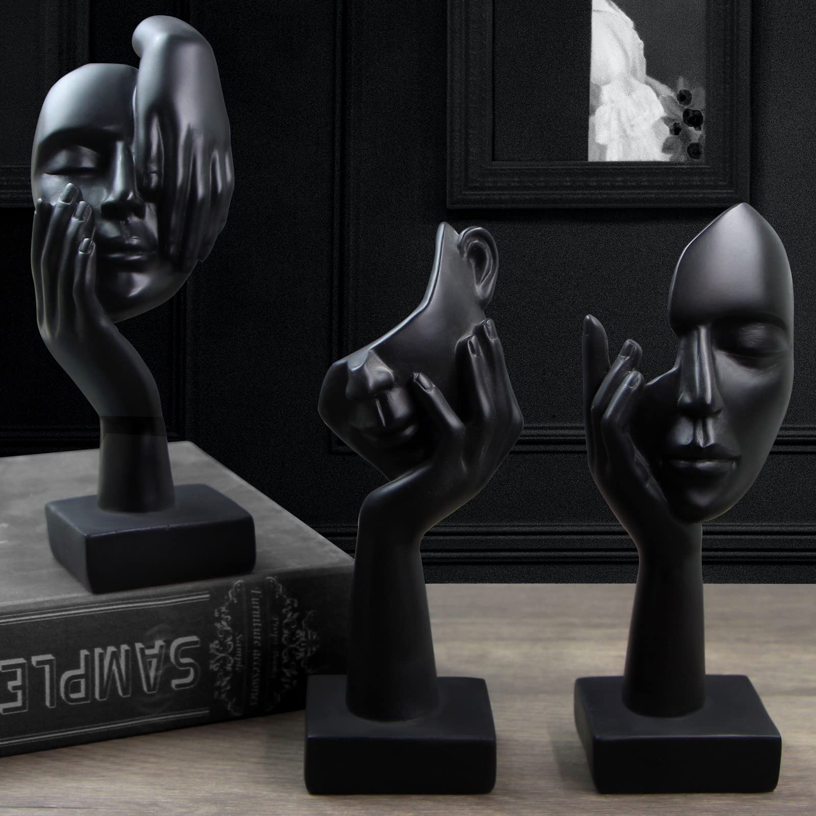 3 Pcs Thinker Statue, Silence is Gold Abstract Art Figurine, No Hear No See No Speak Modern Home Resin Sculptures Decorative Objects Decor for Home Office Bookshelf Desktop(Black) (A-41)