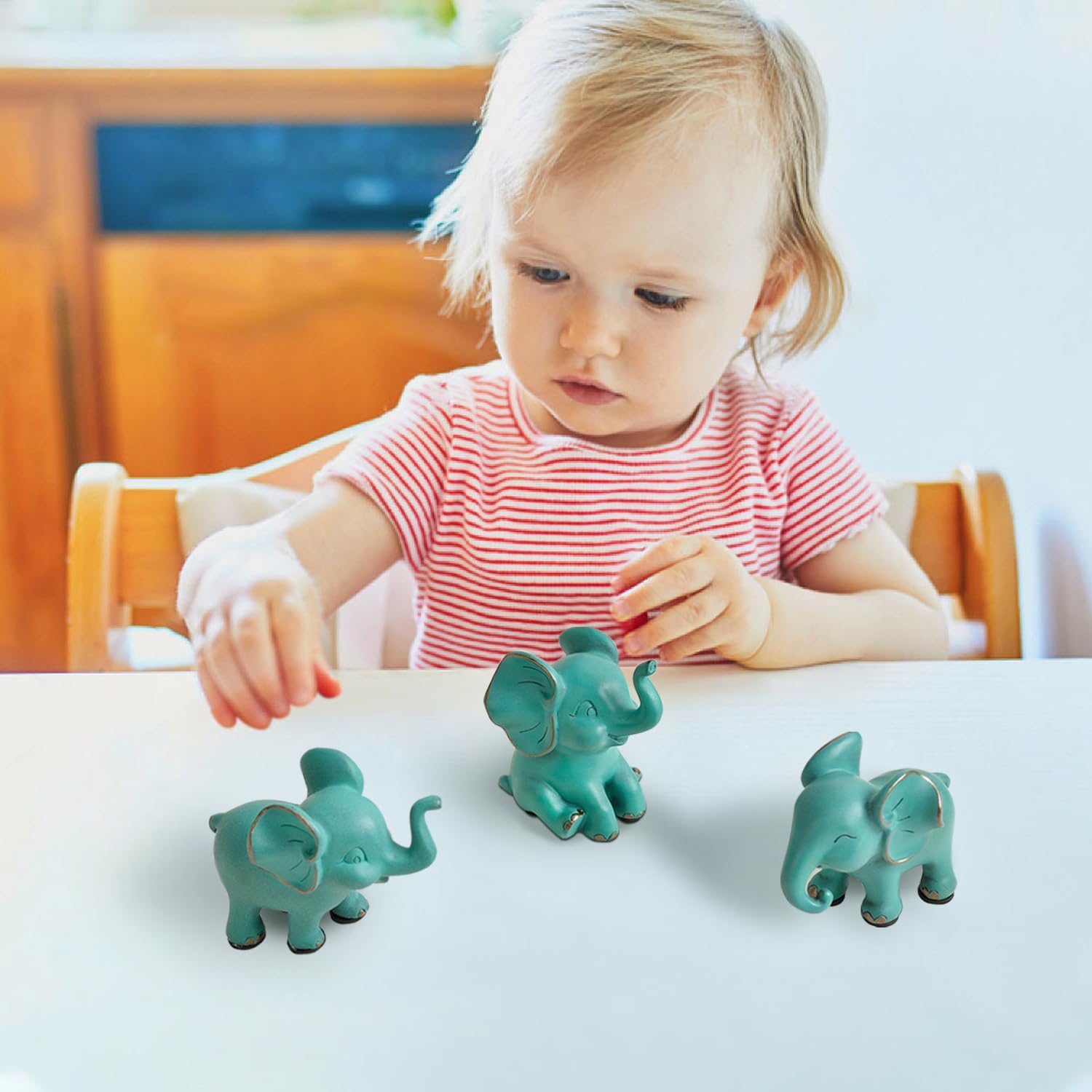 Small Elephant Statues, Green Set of 3 Cute Home Decor, Figurine Decorative Ornaments for Living Room, Bedroom, Office Desktop, Cabinets, Unique