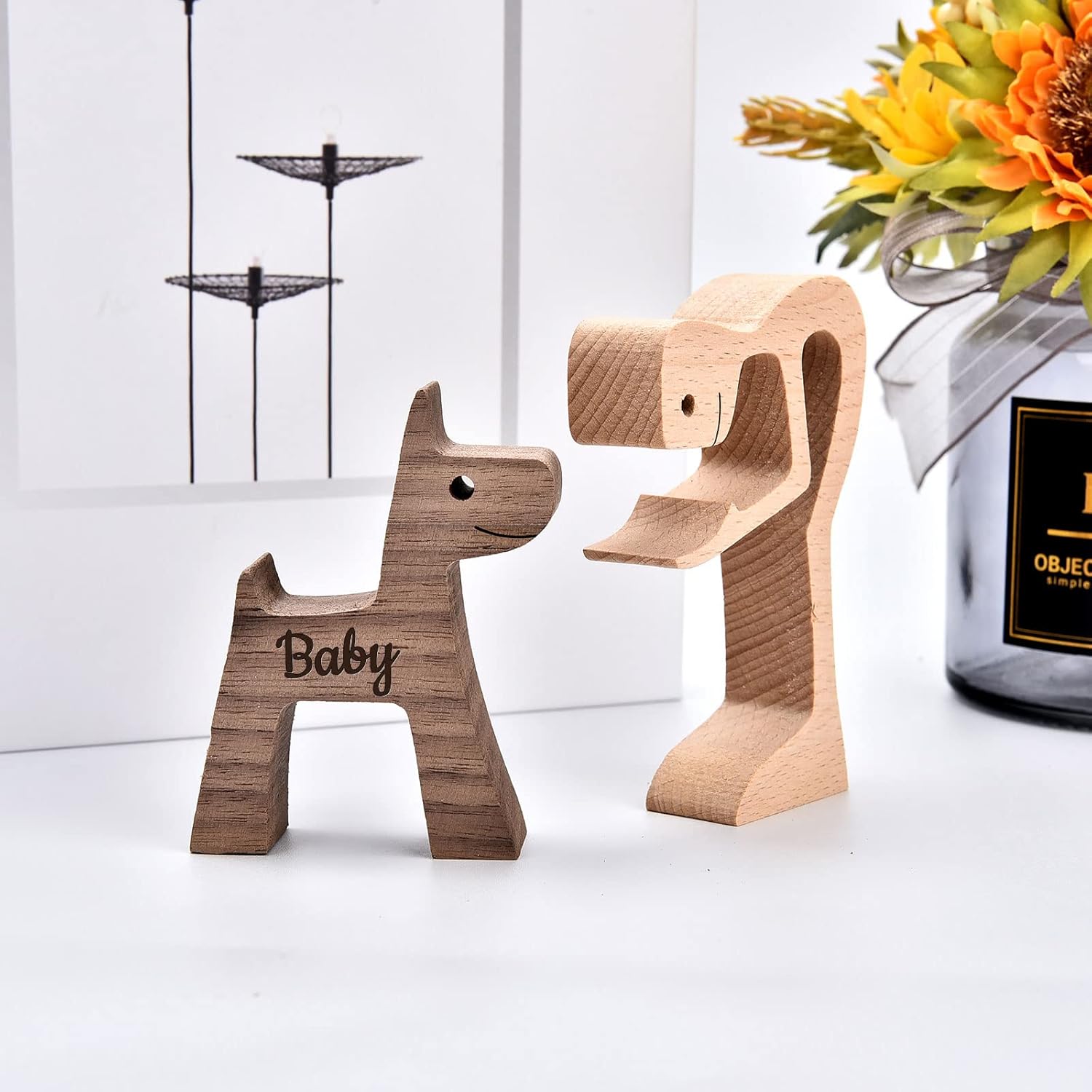 Small Living Room Decor Women and Dog Statue Wood Decorations for Home