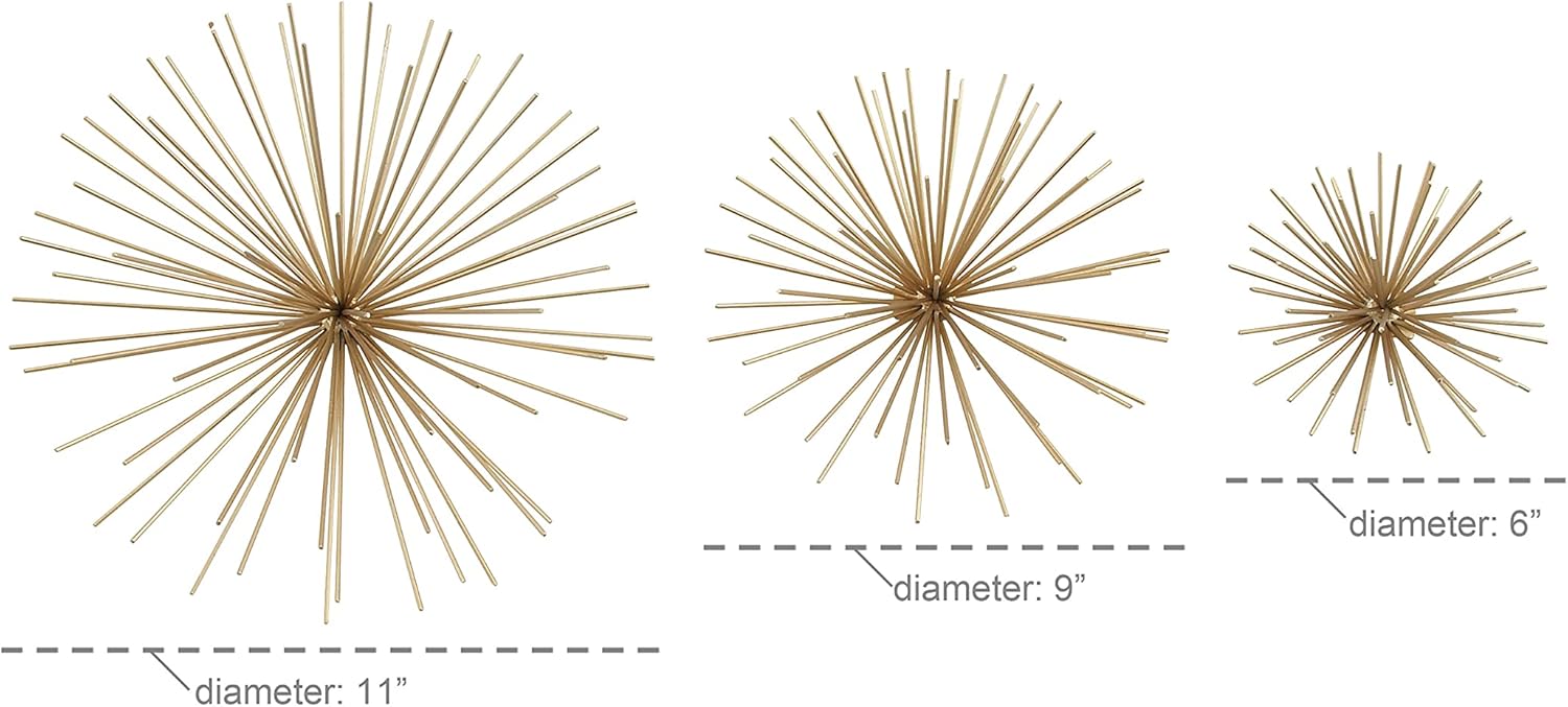 Deco 79 Metal Starburst 3D Long Spike Wall Decor, Set of 3 6", 9", 12"W, Gold