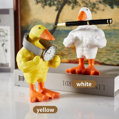 Funny Muscle Duck Statue Home Decor，Cute Little Duck Garden Figurine，Little Duck Craft Decoration Sculpture，Statues for Office Desk Home Decor Figurines Entryway Table Decor(White)