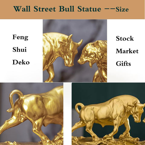 Bull and Bear Statue 15.7" L -Wall Street Bull Statue -Sculptures- Unique Decor for Financial Professionals,Gold