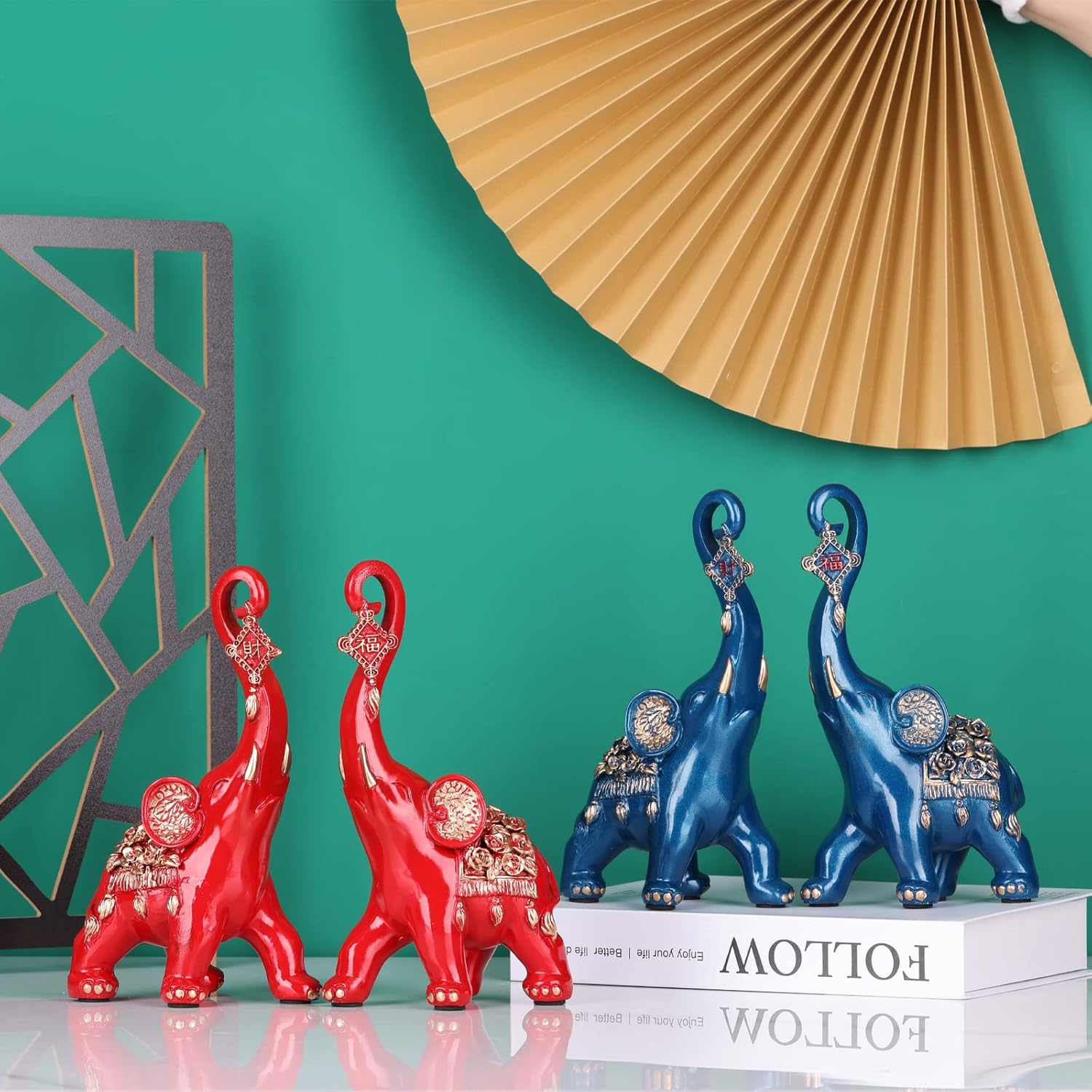 Red Elephant Statues Home Decor, A Pair Red Lucky Elephant Statue and Sculpture Decorativos Para Sala, Elephant Art Ornament - For Living Room Tv Stand, Entry Table Coffee Table Office Knick Knacks