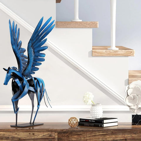 Horse Statue Décor Artwork, 24" H Handmade Metal Pegasus Greek Flying Horse Sculpture, Hand-Painted Animal Figurines for Home Living Room Office (Brown with Wings)