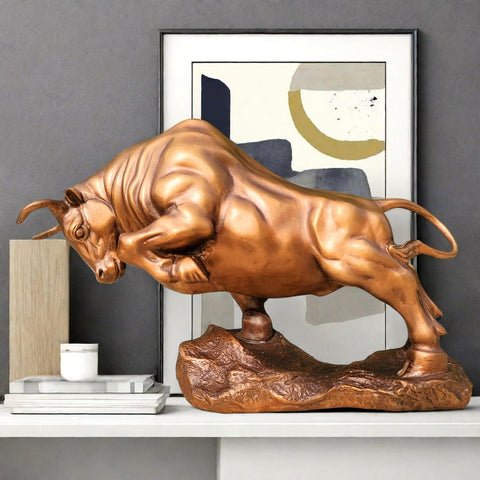 Bronze Bull Sculpture - Pure Copper Charging Bull/Cow/Ox Figure and Statue Handmand Collectable Art Decor - Raging Bull Figurine for Office& Home Decorations and Gift (L:8.3in Red)