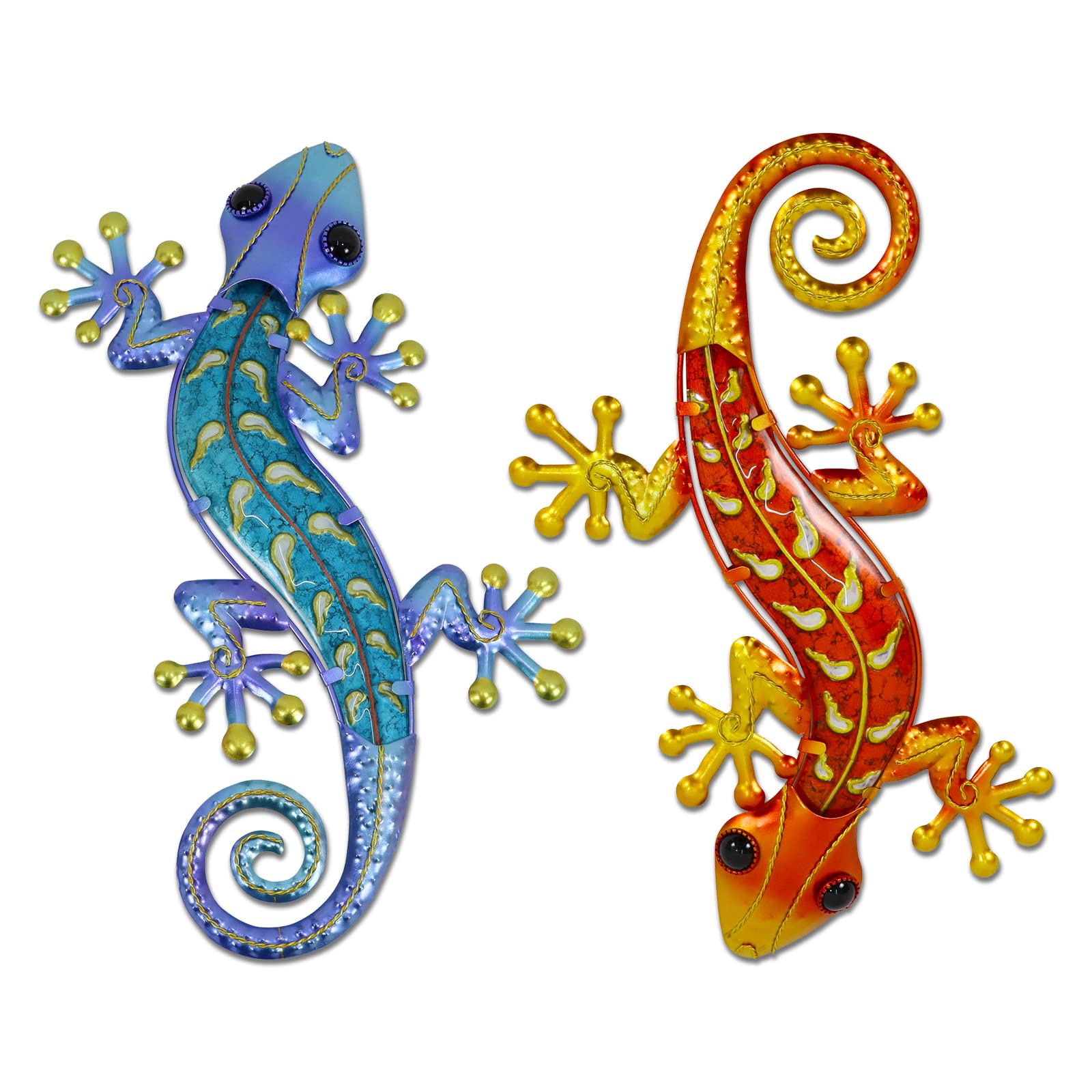 HONGLAND Metal Gecko Wall Art 2 Pack 15 Inch Lizard Outdoor Decor Hanging Glass Sculpture Decoration for Garden Fence Home