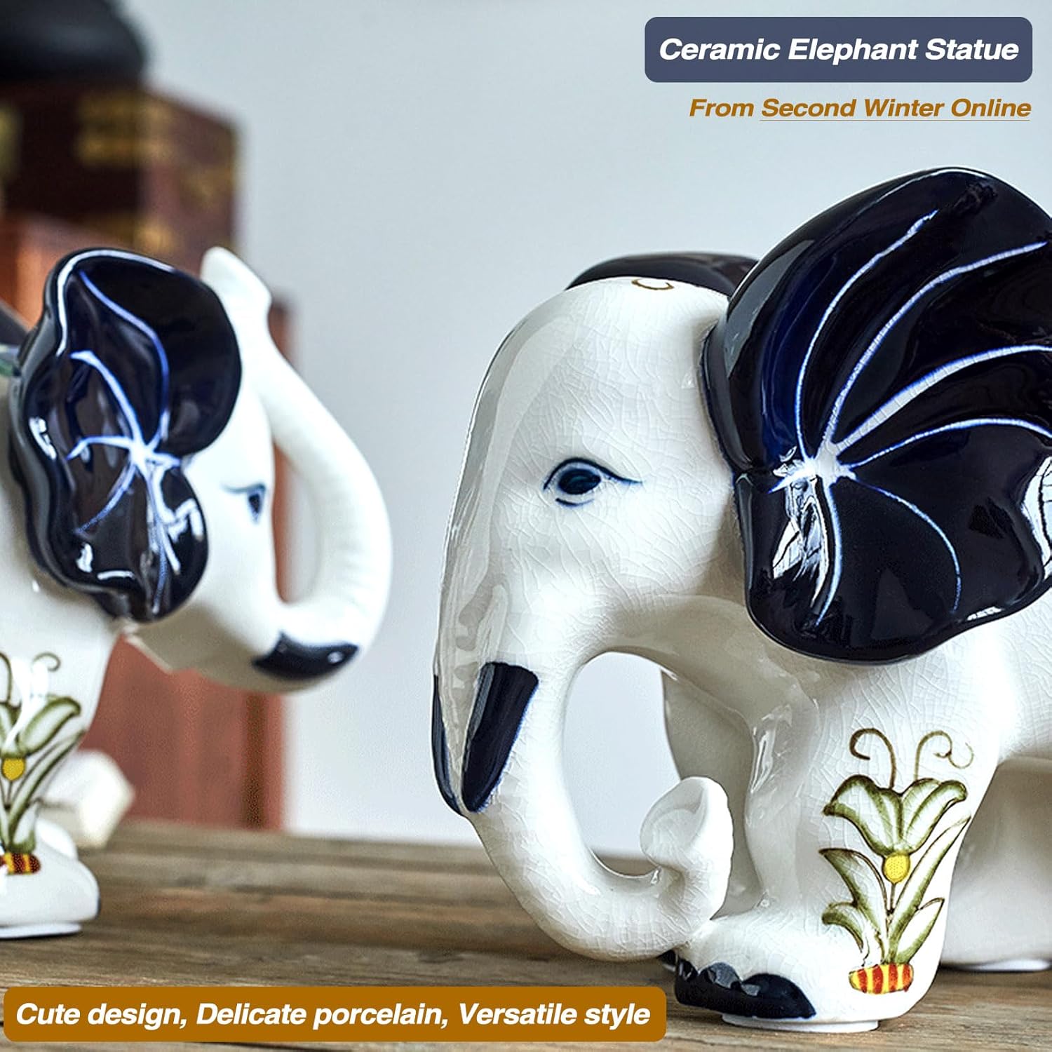 Porcelain Elephant Statue Ceramic White Table Sculpture, Desktop Art Figures Great Gift Animal Figurines Home Décor, Crafts Decorations for Living Room Party Foyer (White-ElephantNoseUP)