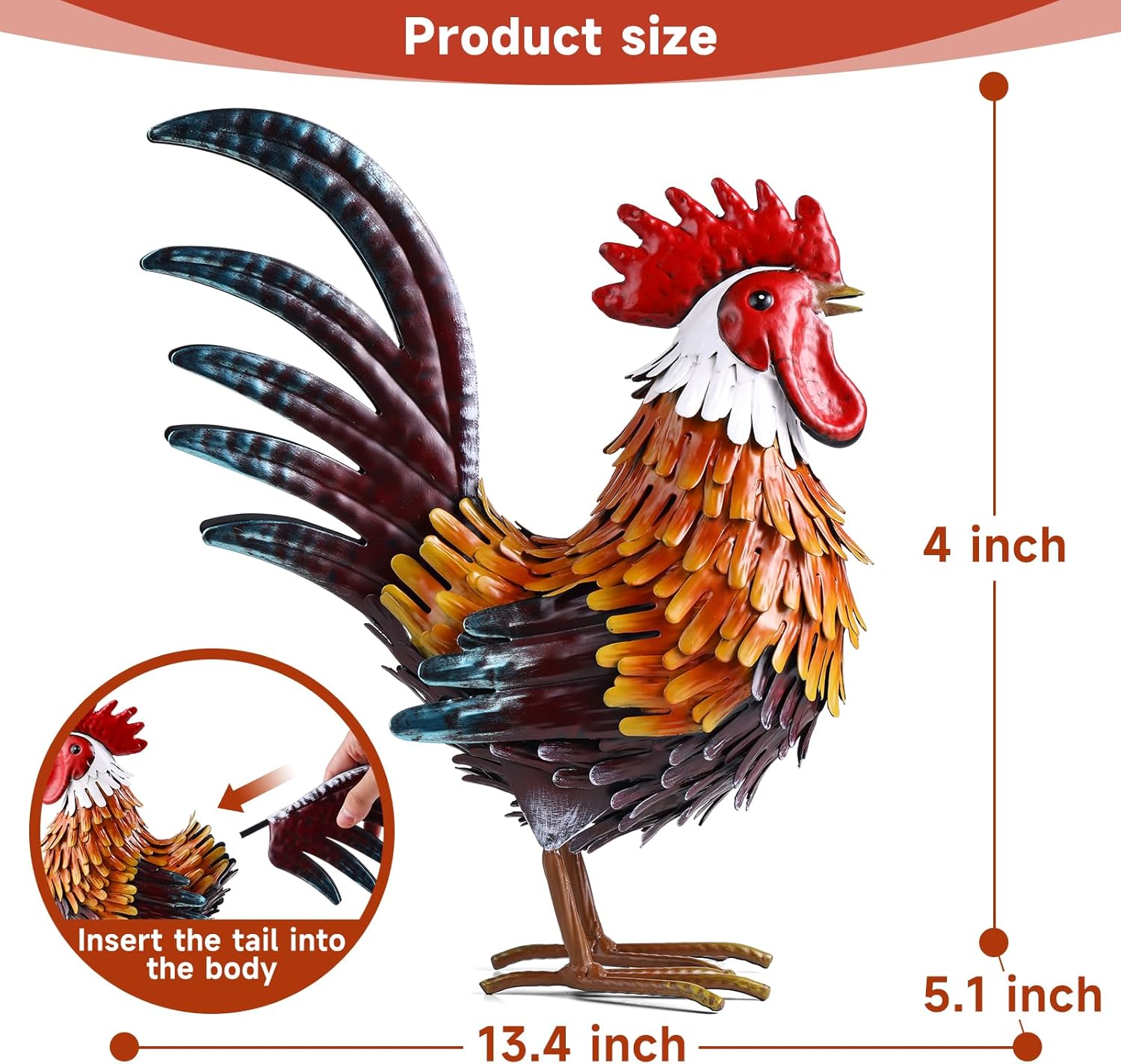 Rooster Garden Statue Metal Chicken Yard Art Decor Outdoor Sculpture Figurines