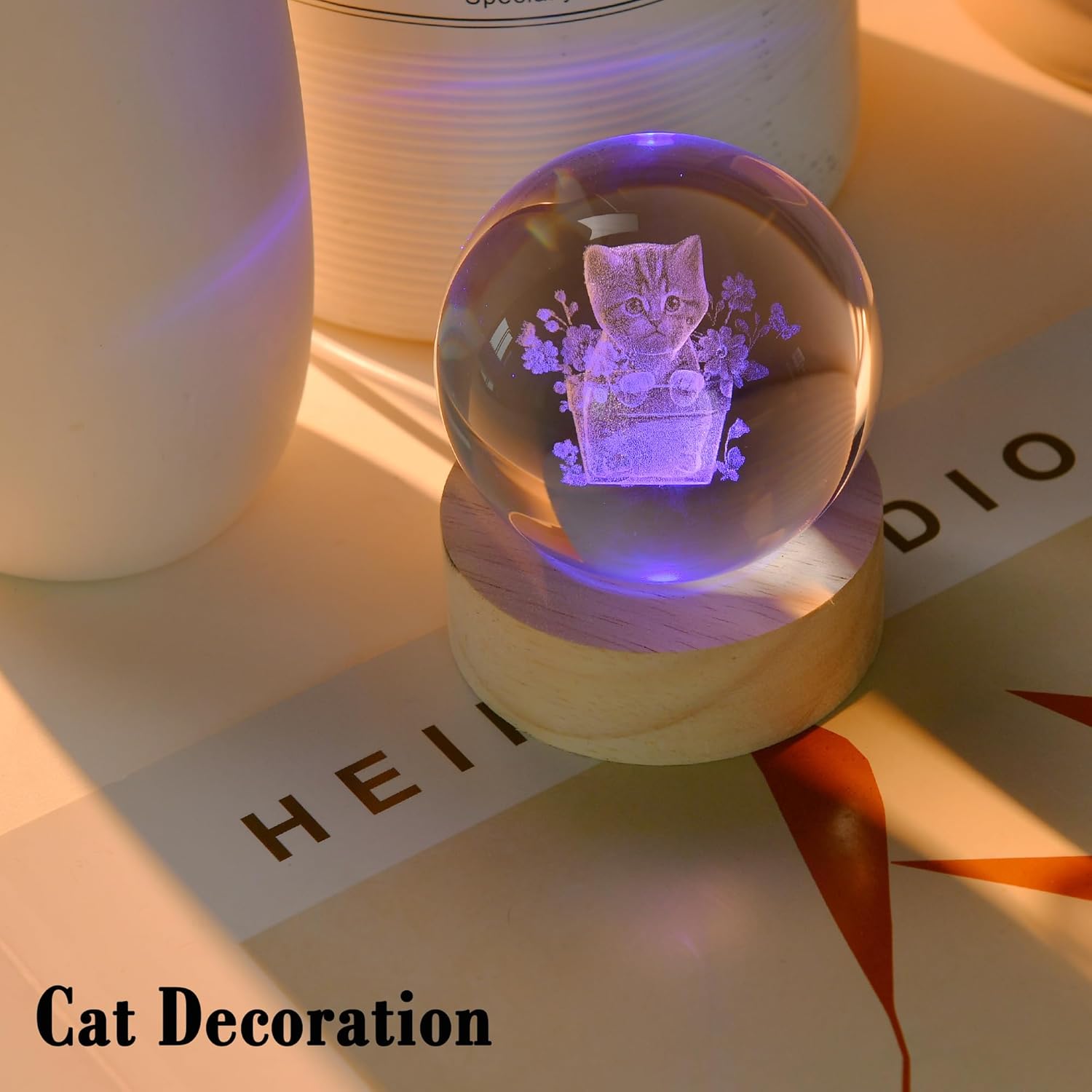 3D Cat Themed Gifts for Women Decor for Cat Lovers Cat Mom Crystal Ball Cat Related Sympathy Presents with Wooden Light Base