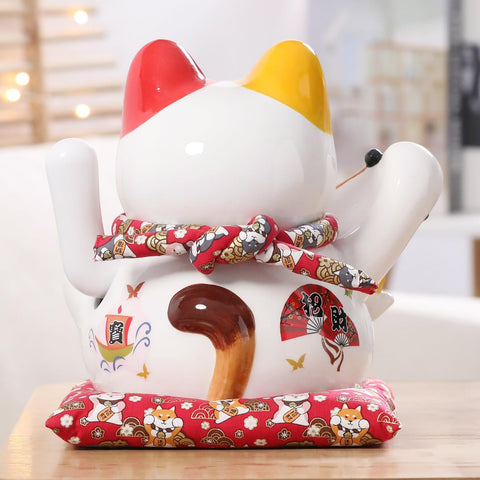 Lucky Statue Cat - Chinese Good Luck Cat with Waving Arm,Ceramic Fortune Cat Statue,Japanese Money Cat for Home, Office, and Store Decorations