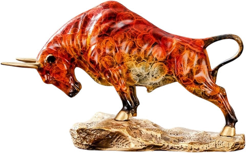 Bronze Bull Sculpture - Pure Copper Charging Bull/Cow/Ox Figure and Statue Handmand Collectable Art Decor - Raging Bull Figurine for Office& Home Decorations and Gift (L:8.3in Red)