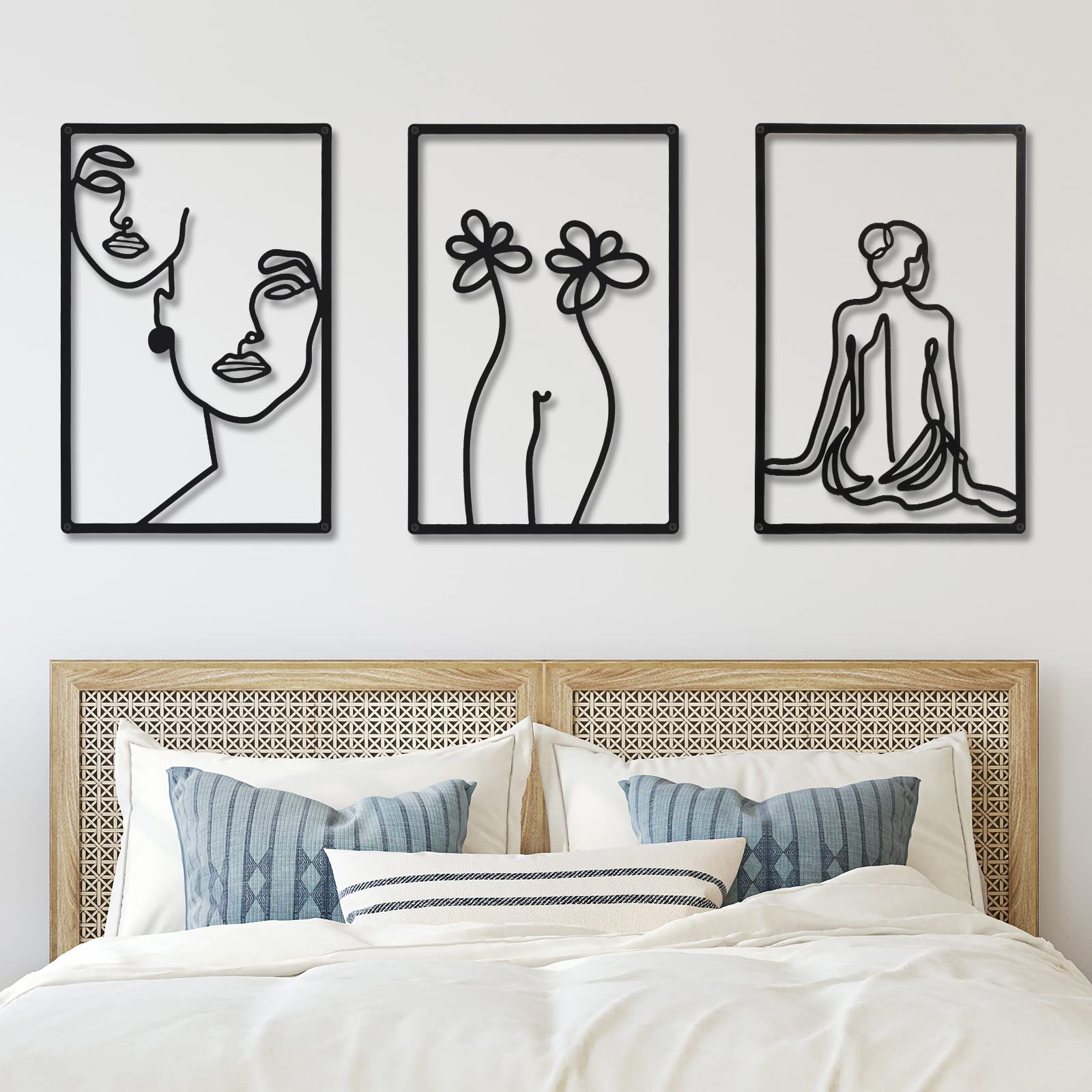 CHENGU 3 Pieces Metal Minimalist Abstract Woman Wall Art Line Drawing Wall Art Decor Single Line Female Home Hanging for Kitchen Bathroom Living Room