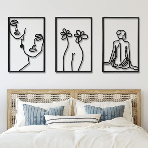 CHENGU 3 Pieces Metal Minimalist Abstract Woman Wall Art Line Drawing Wall Art Decor Single Line Female Home Hanging for Kitchen Bathroom Living Room(Artistic Body)