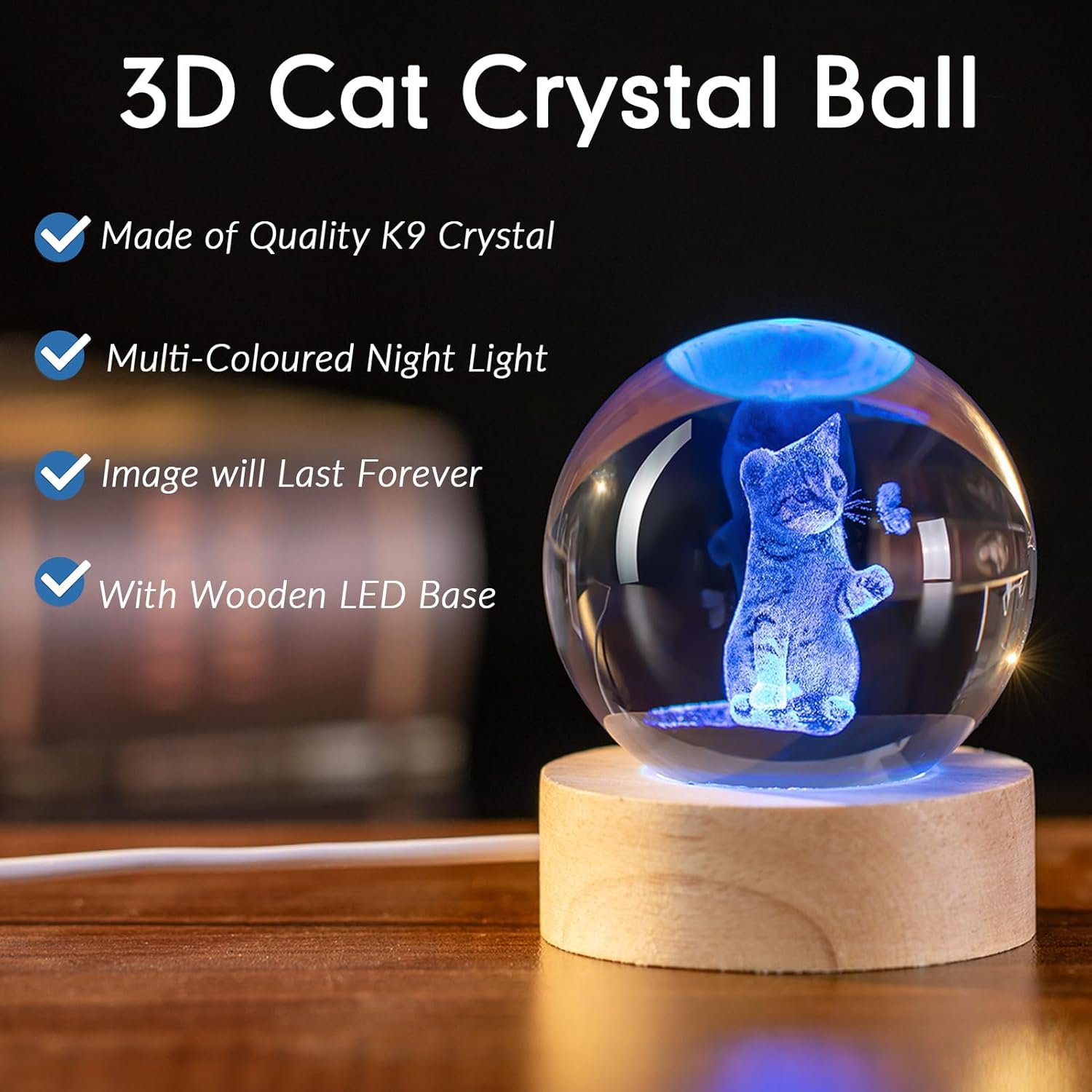 3D Cat Themed Gifts for Women Decor for Cat Lovers Cat Mom Crystal Ball Cat Related Sympathy Presents with Wooden Light Base