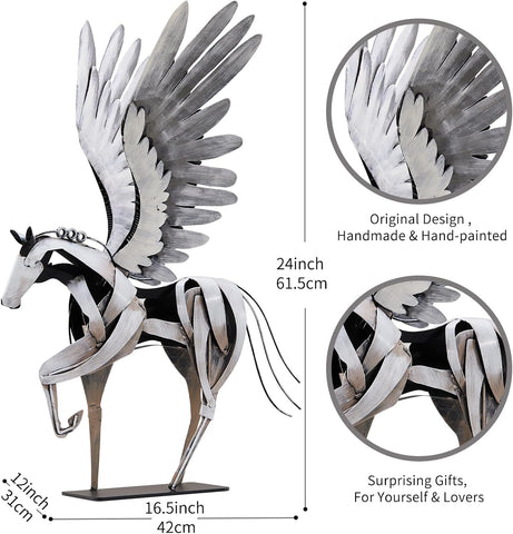 Horse Statue Décor Artwork, 24" H Handmade Metal Pegasus Greek Flying Horse Sculpture, Hand-Painted Animal Figurines for Home Living Room Office (Brown with Wings)