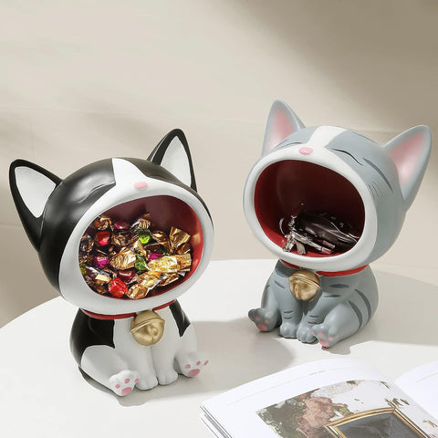 Cute Laughing Cat Figurines for Candy Dish, Key Bowl Holder, Desk, Office Accessories Storage, Home Decor Art Sculpture Gift for Cat Lover, Housewarming Gifts (White)