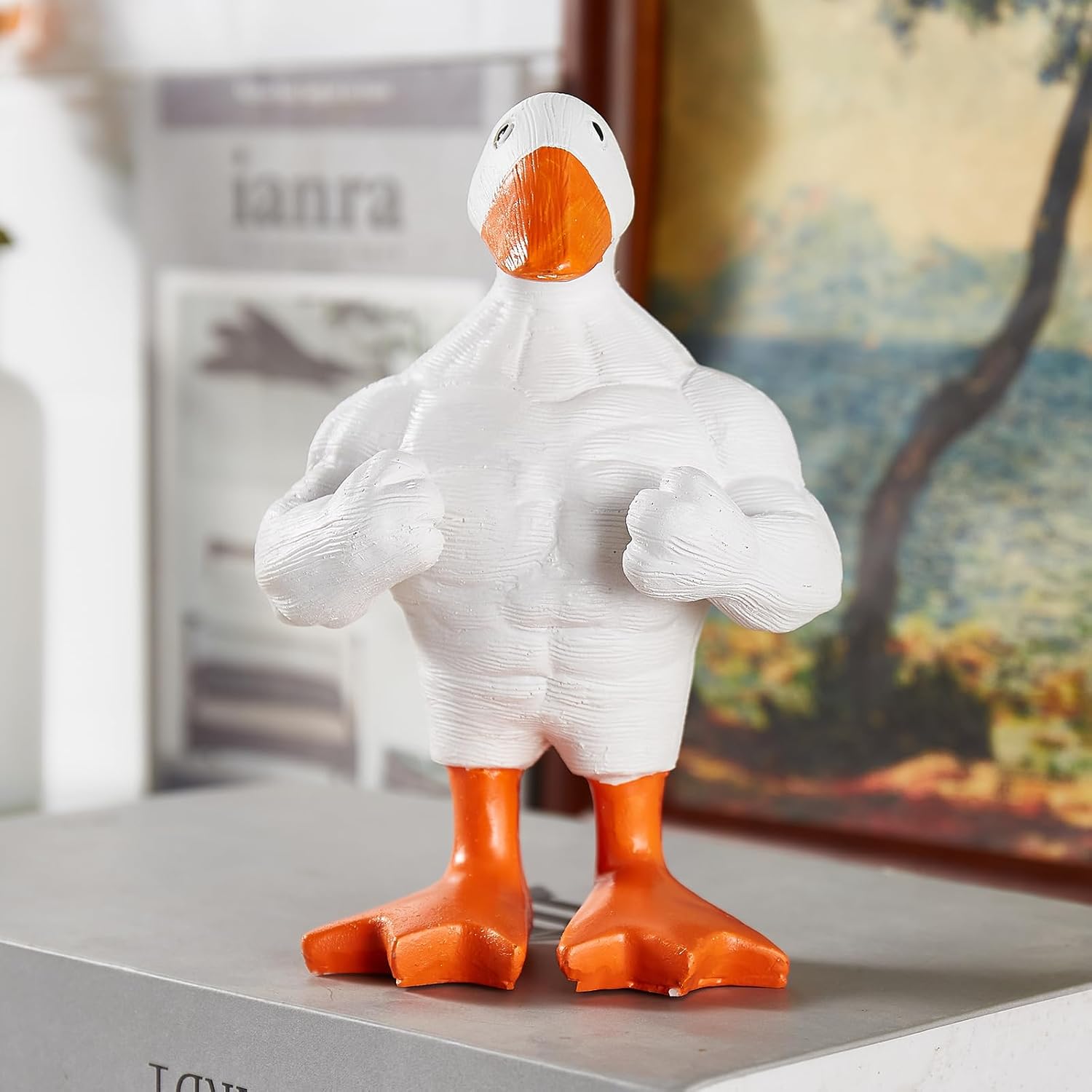 Funny Muscle Duck Statue Home Decor，Cute Little Duck Garden Figurine，Little Duck Craft Decoration Sculpture，Statues for Office Desk Home Decor Figurines Entryway Table Decor(White)