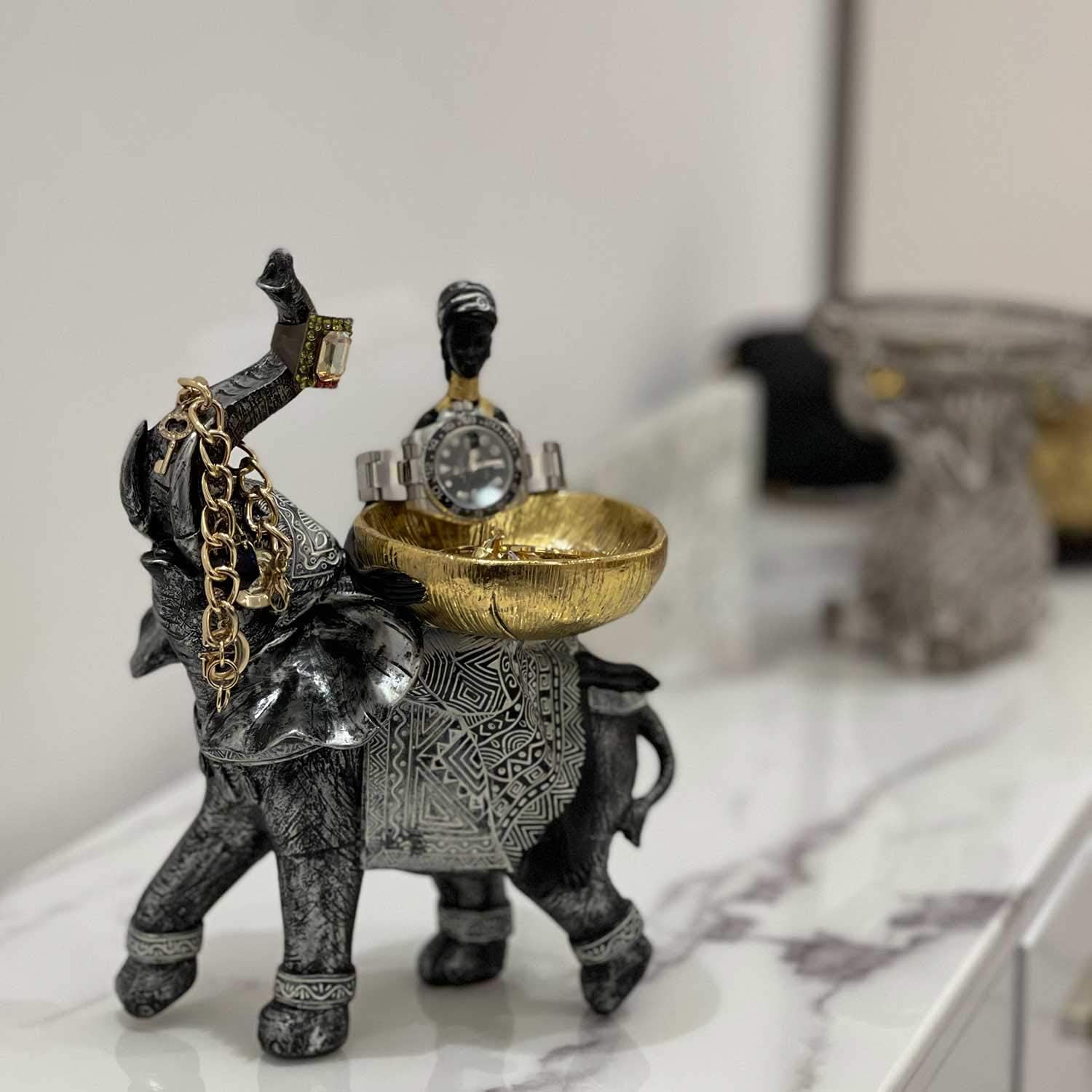 African Design Silver African Elephant and Tribal Lady Figurines with Tribal Totem, Animal and Women Decor Art Sculptures, Holder Statues for Home and Table Decor 911-Black