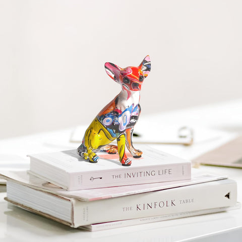 Colorful Chihuahua Statue, Creative Dog Puppy Home Sculpture Decor, Suitable for Bookshelf Desktop Kitchen Living Room Decorative Table Decoration, Gift for Dog Lovers Women and Men