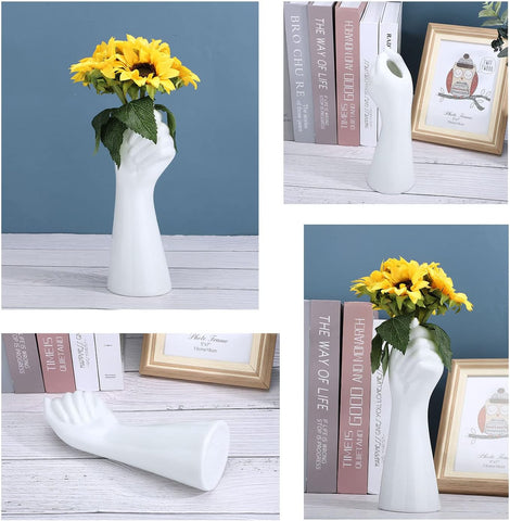 9 Inch Modern Art Ceramic Flower Vase Hand Holding Plants Flower Container, Tabletop White Arm vase for Home Office Decoration