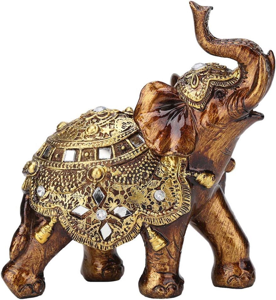 Elegant Statue Resin Feng Shui Golden Sculpture Wealth Lucky Elephant Figurine with Trunk Facing Upwards for Home Office Decoration(L)