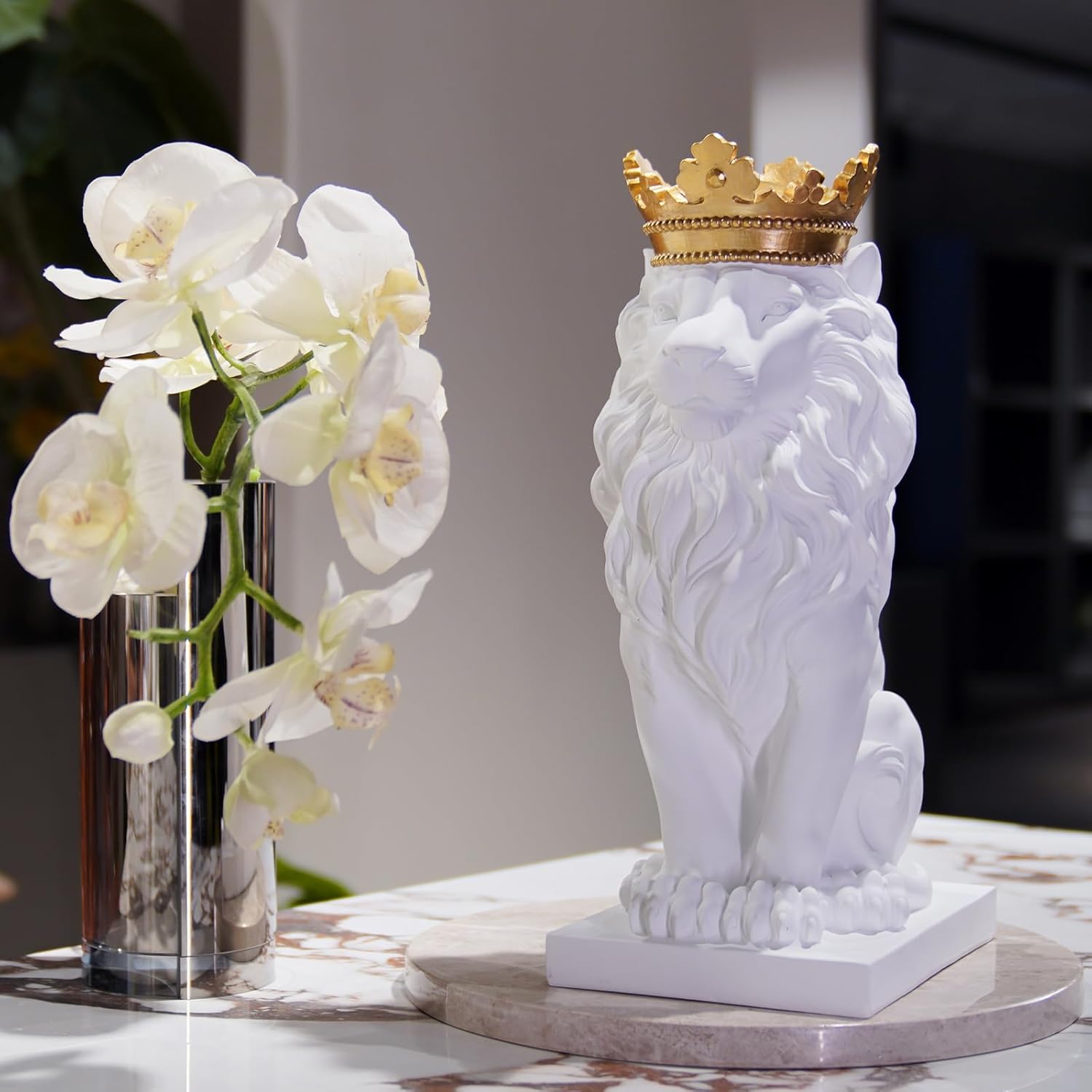 Lion Statue - Outdoor Collectible Figurine, 15 Inch Gold Crown Black Standing Lion Home Decor for Desk & Home Black Decor Gift