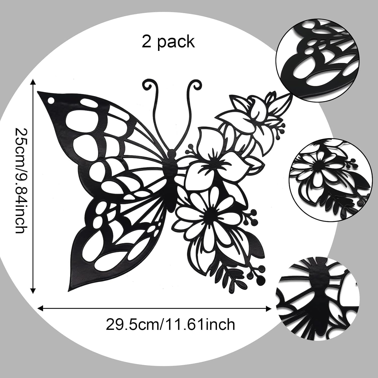 EZ4ENCE 2PCS Butterfly Decoration Wall Art Boho Wall Home Decor Hanging Appearance Wall Decor Metal Hanging Butterfly Decor Flower Wall Art for Bedroom Living Room Home Wall,Black(Large)