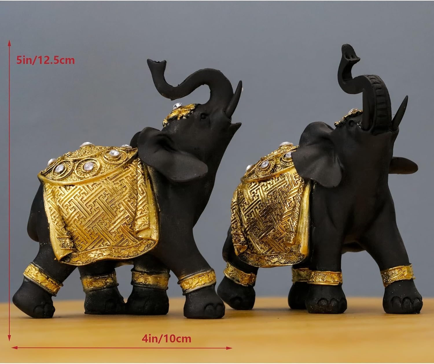 Luck Elephant Decor Set with Trunks Up - Feng Shui Resin Black and Golden Couple Elephant Figurines - Pair of Elephants Statue, Modern Sculpture for Home Decor