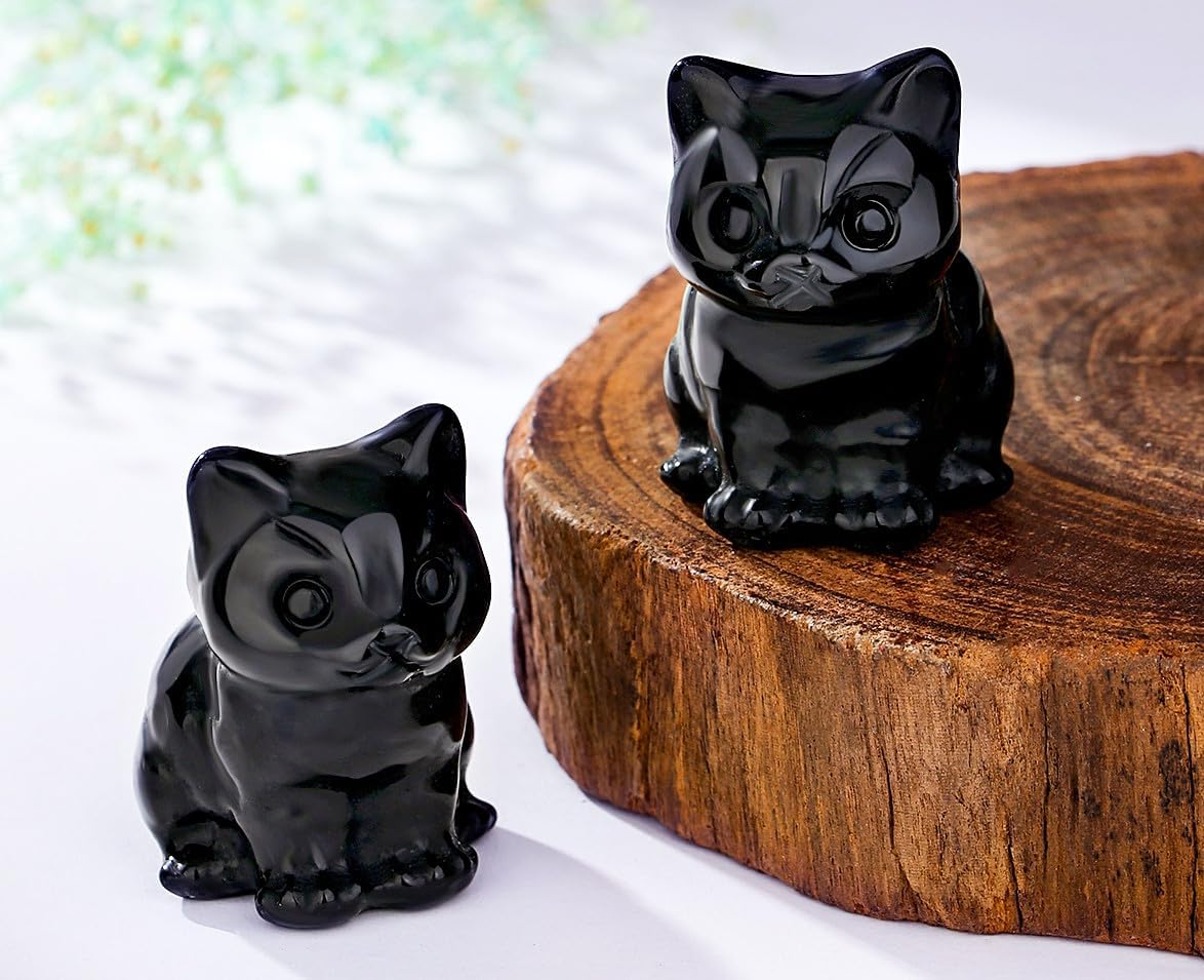 Cat Decor Black Obsidian Cat Crystal Figurines Crystals Gifts for Cat Lovers Men Women Lucky Cute Cat Statue for Room Desk Decor 1PC