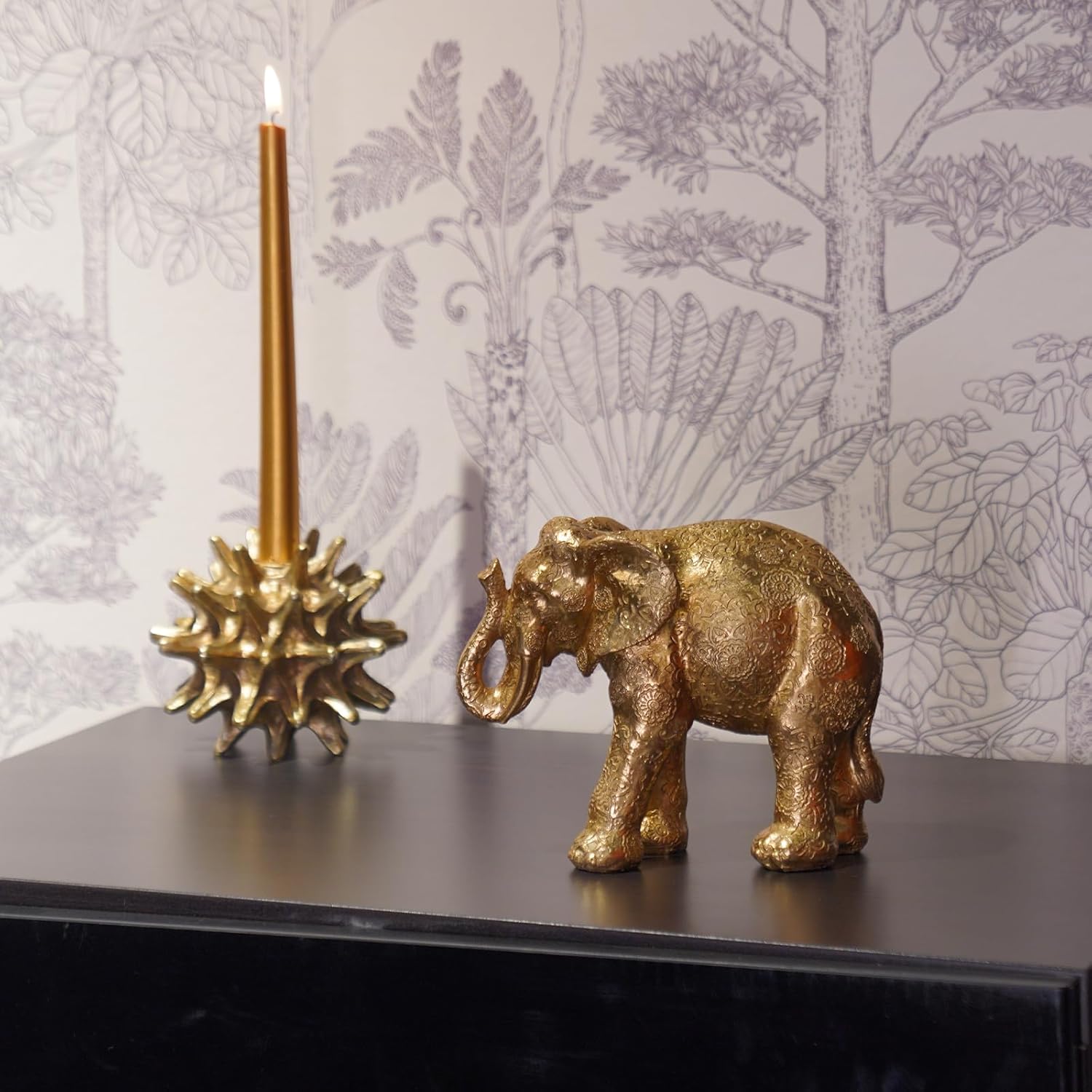 Elephant Statues Home Décor Collectible Figurines - Gold Resin Boho Elephant Decoration Handmade Brings Good Luck Health for Living Room Shelf Office Gifts for Women 7.25 x 3.25 x 5.75 Inch