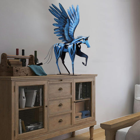 Horse Statue Décor Artwork, 24" H Handmade Metal Pegasus Greek Flying Horse Sculpture, Hand-Painted Animal Figurines for Home Living Room Office (Brown with Wings)