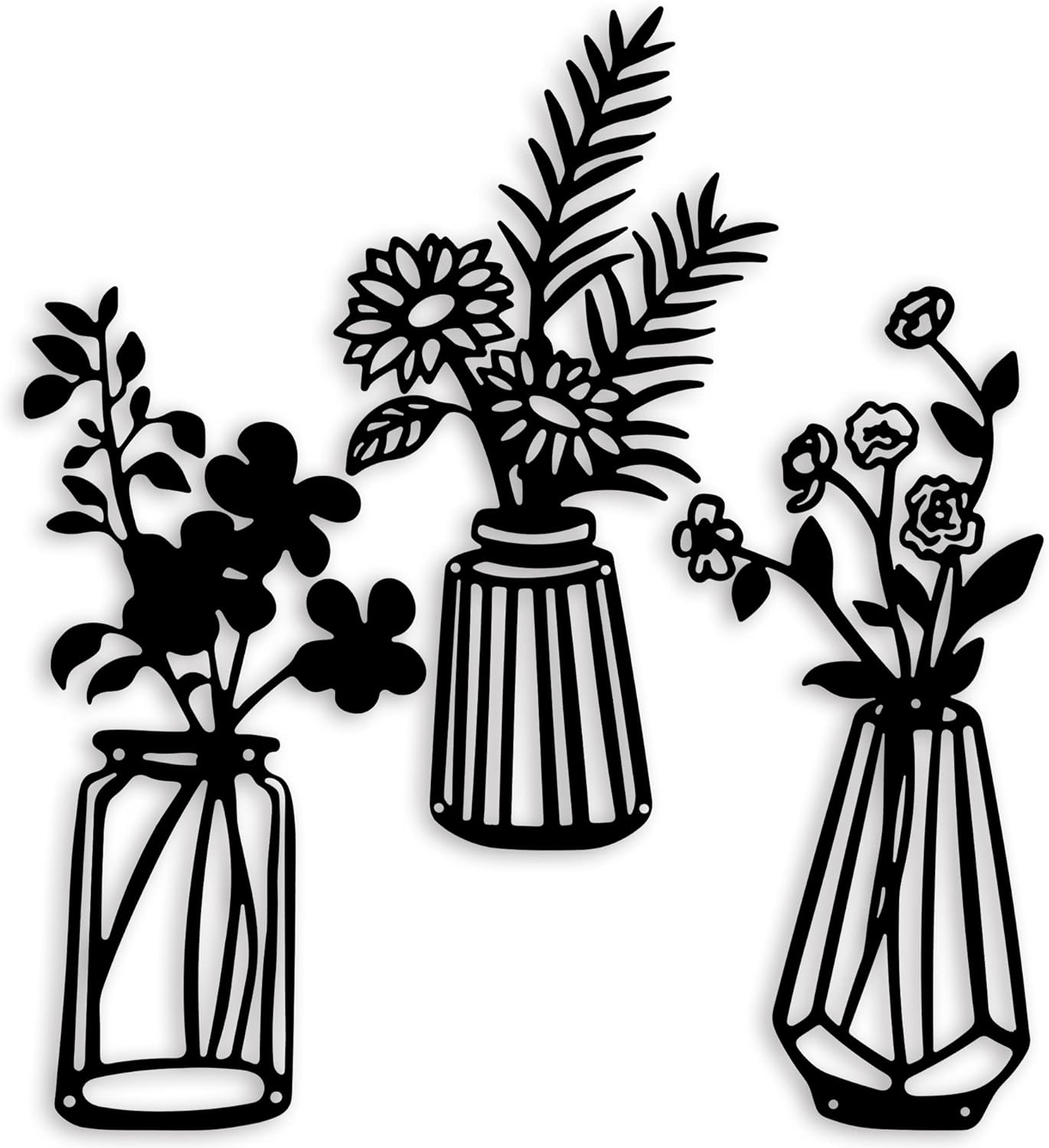 3 Pieces Black Metal Flowers Wall Decor Metal Vase Wall Art Metal Wall Sculptures Hanging for Indoor Kitchen Bathroom Dining Room Patio,14.56x7.48 inches