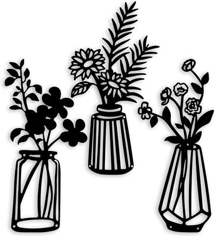 3 Pieces Black Metal Flowers Wall Decor Metal Vase Wall Art Metal Wall Sculptures Hanging for Indoor Kitchen Bathroom Dining Room Patio,14.56x7.48 inches