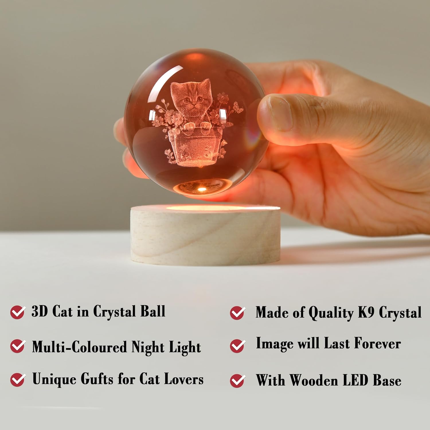 3D Cat Themed Gifts for Women Decor for Cat Lovers Cat Mom Crystal Ball Cat Related Sympathy Presents with Wooden Light Base