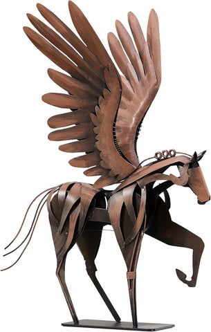 Horse Statue Décor Artwork, 24" H Handmade Metal Pegasus Greek Flying Horse Sculpture, Hand-Painted Animal Figurines for Home Living Room Office (Brown with Wings)