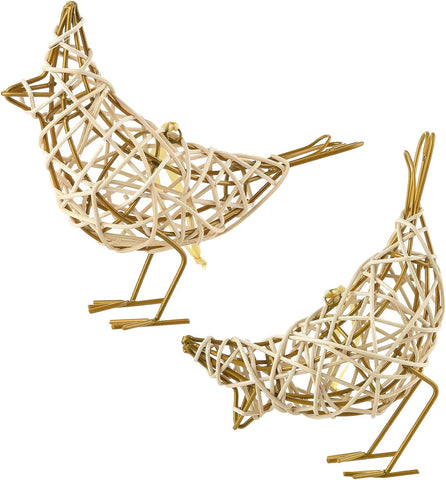 Handmade Bird Statue Rustic Table Decor Trio, Rattan Bird Figurine Farmhouse Shelf Decor, Handing Metal Sculptures for Home Decoration, Christmas Ornament & Memo Clip