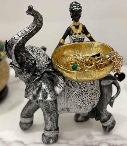 African Design Silver African Elephant and Tribal Lady Figurines with Tribal Totem, Animal and Women Decor Art Sculptures, Holder Statues for Home and Table Decor 911-Black