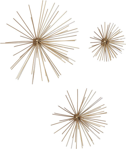 Deco 79 Metal Starburst 3D Long Spike Wall Decor, Set of 3 6", 9", 12"W, Gold